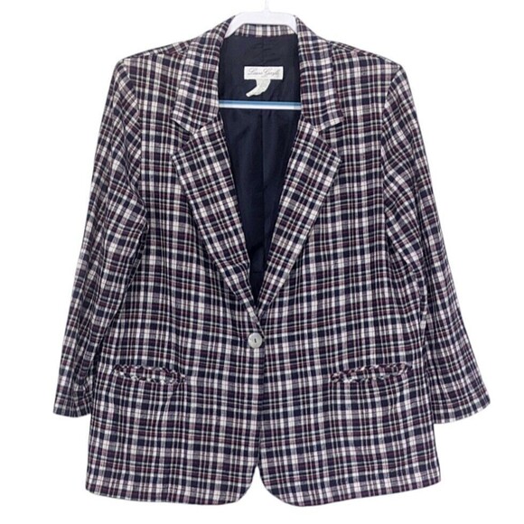 Vtg Linen Plaid Blazer Womens *fits XL Blue Red Laura Gayle Petite Lightweight - Picture 1 of 10